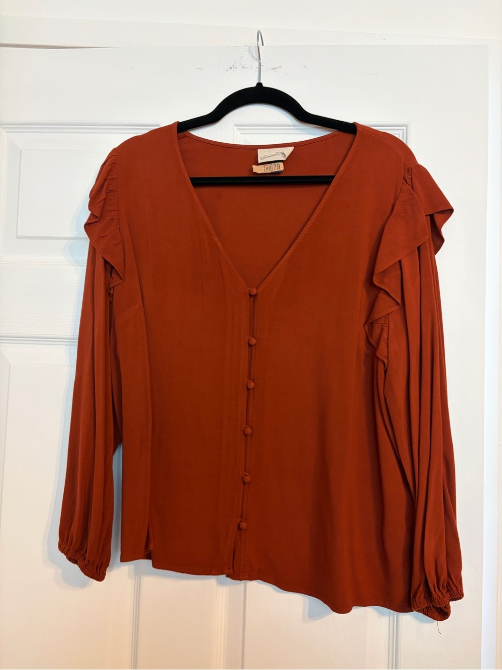Universal Thread Rust Button-Front Ruffle Shoulder Blouse